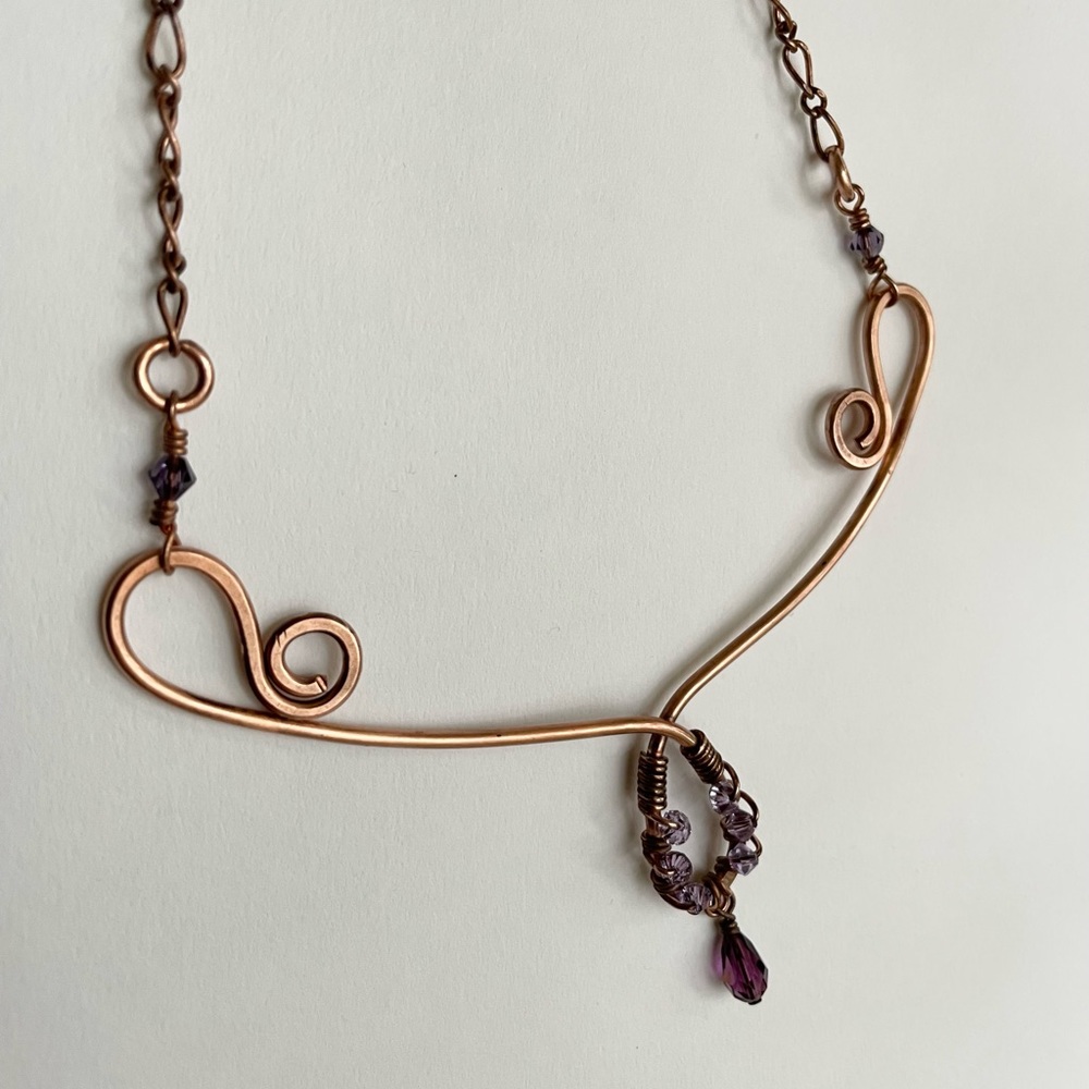 Copper Scroll Necklace Beaded Plum and Lilac Crystals Elegant Rustic‎ Handmade - Picture 3 of 14